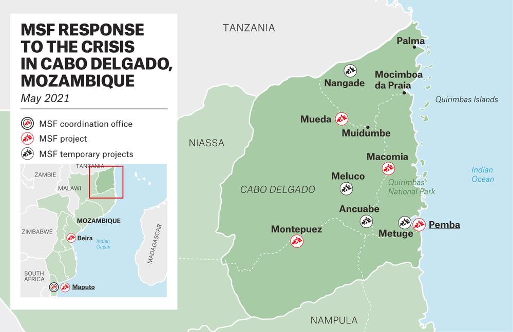 Carte détaillant la réponse de MSF à la crise dans différentes localités de Cabo Delgado au Mozambique 