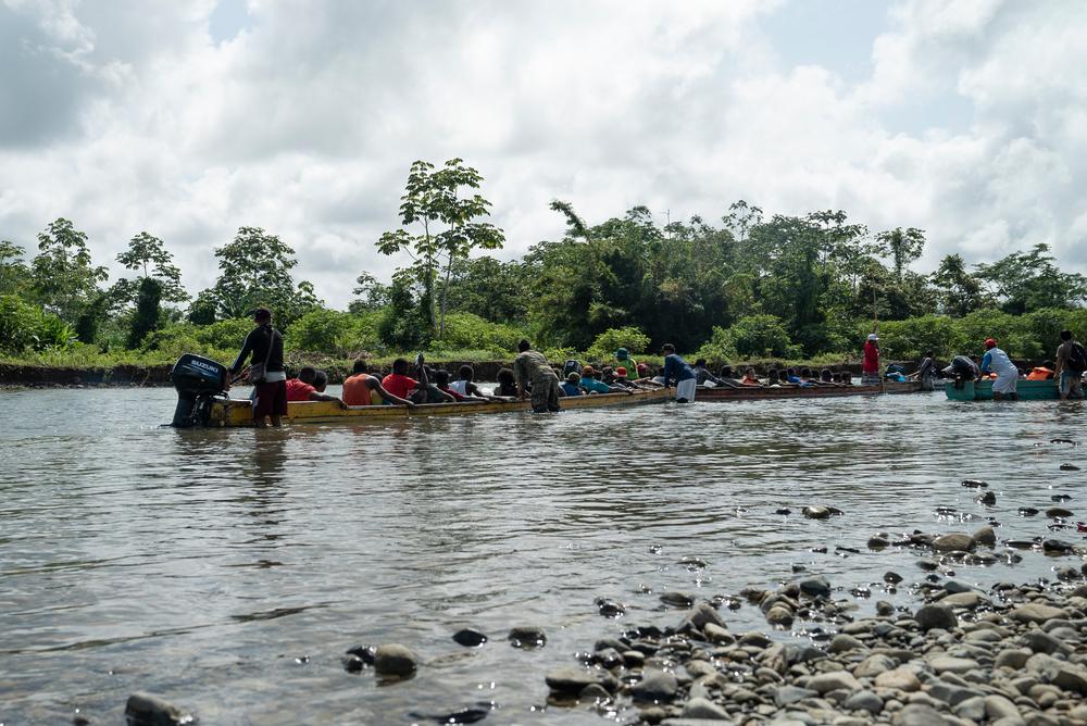 Un groupe de canoës quitte Bajo Chiquito le 13 juin. Les migrants fêtent le départ de la région du Darién. Beaucoup ne savent pas que leur séjour dans les centres d'accueil au Panama peut être très long. 