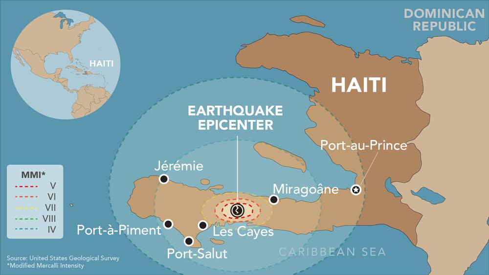 Carte du tremblement de terre d&#039;août 2021 et des zones soutenues par MSF en Haïti. 