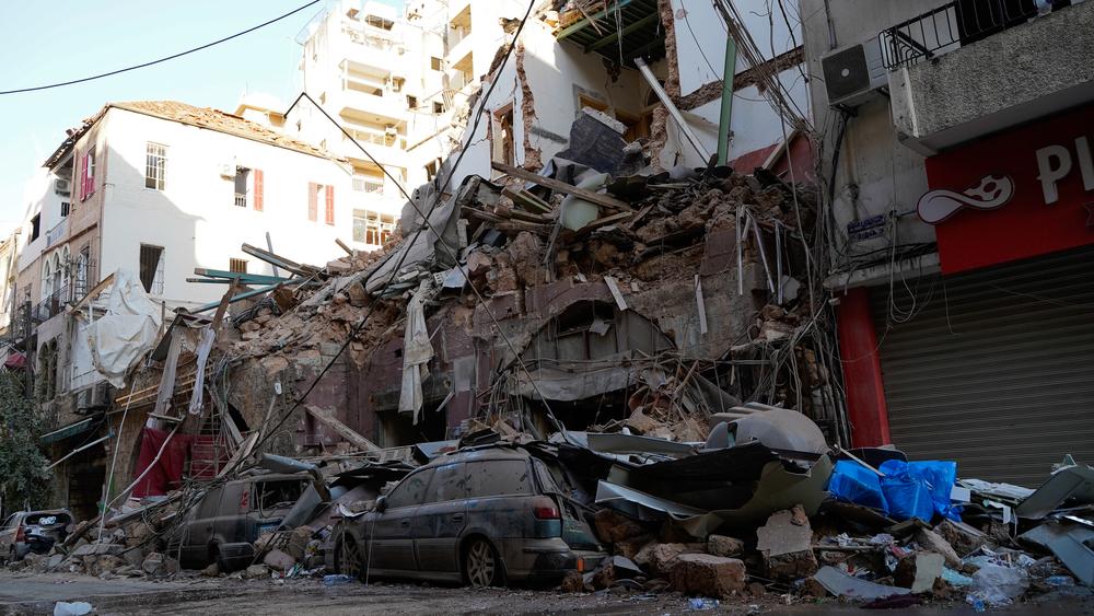 A damaged residential building in Beirut. Thousands of cars, apartments and shops in Beirut were damaged due to the explosion which caused shattering to the glass windows and wooden doors. 