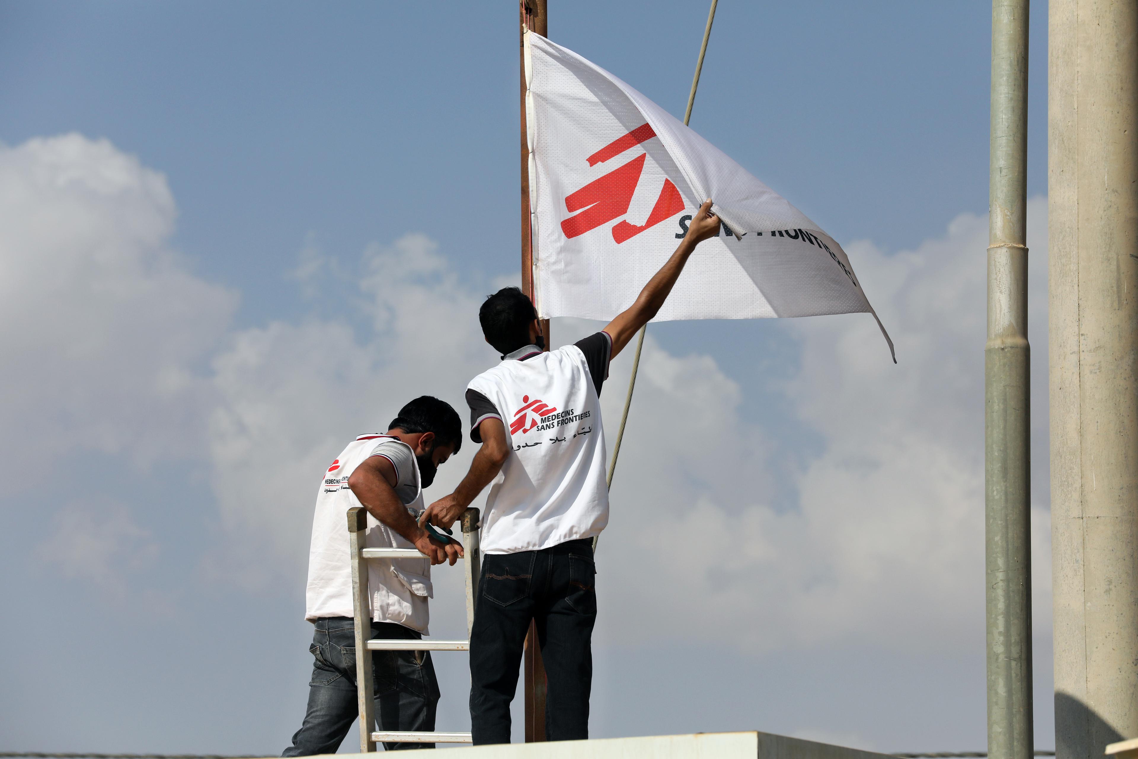Syrian refugees working as MSF logisticians in the Covid-19 treatment center in Zaatari camp. October 2020. Jordan. 