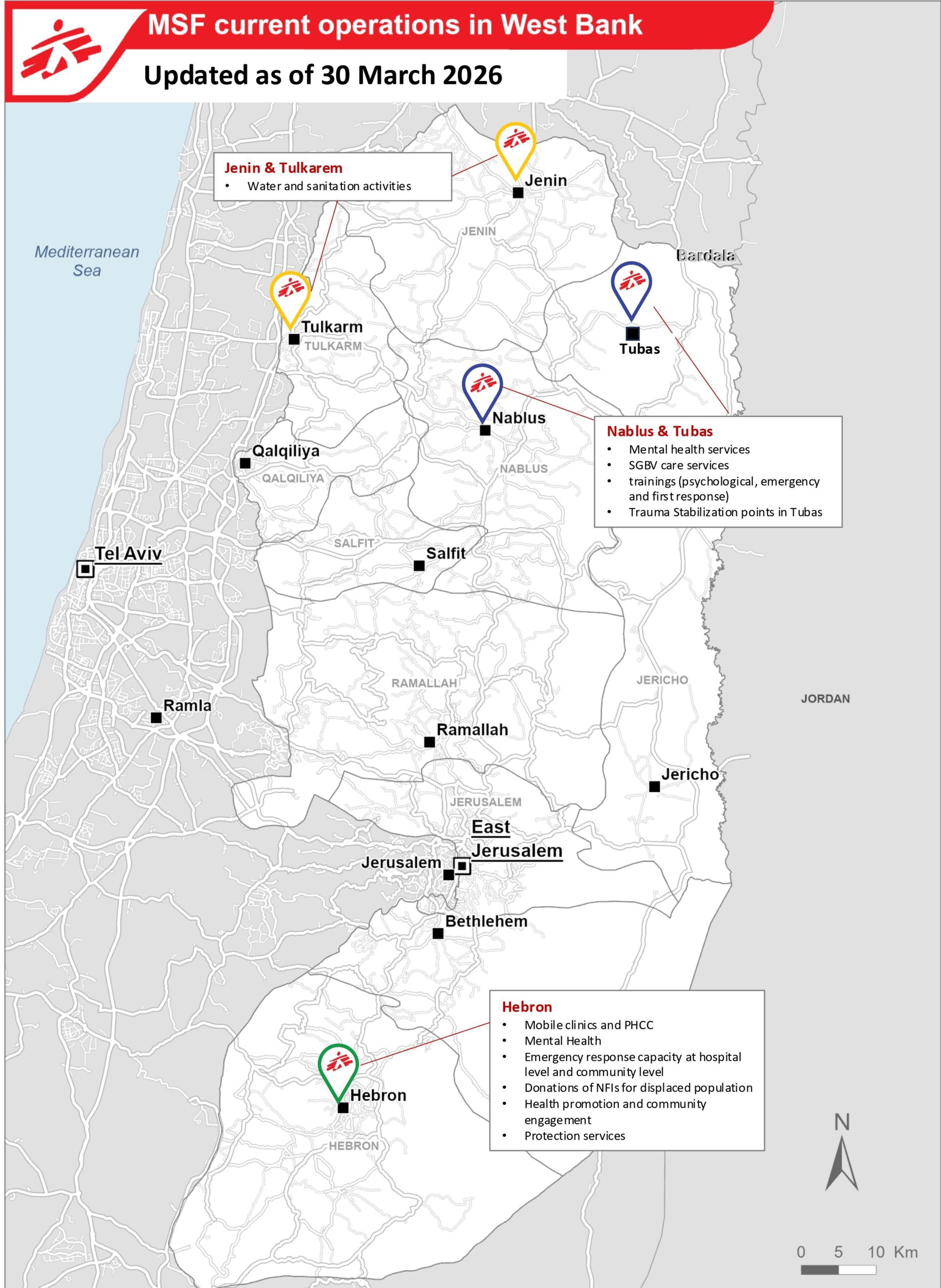 Carte des opérations de Médecins Sans Frontières en Cisjordanie, mars 2026