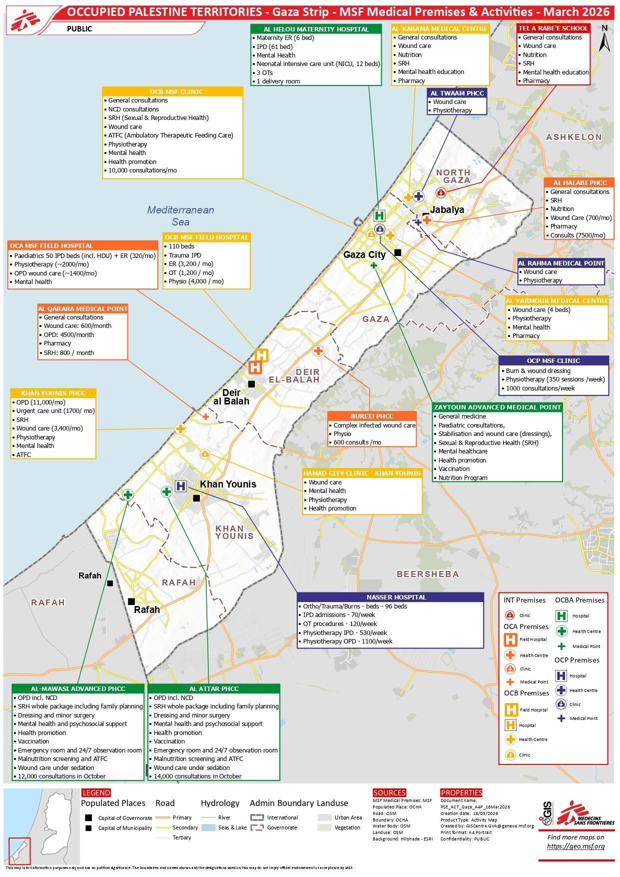 Carte des opérations de Médecins Sans Frontières dans la bande de Gaza, mars 2026