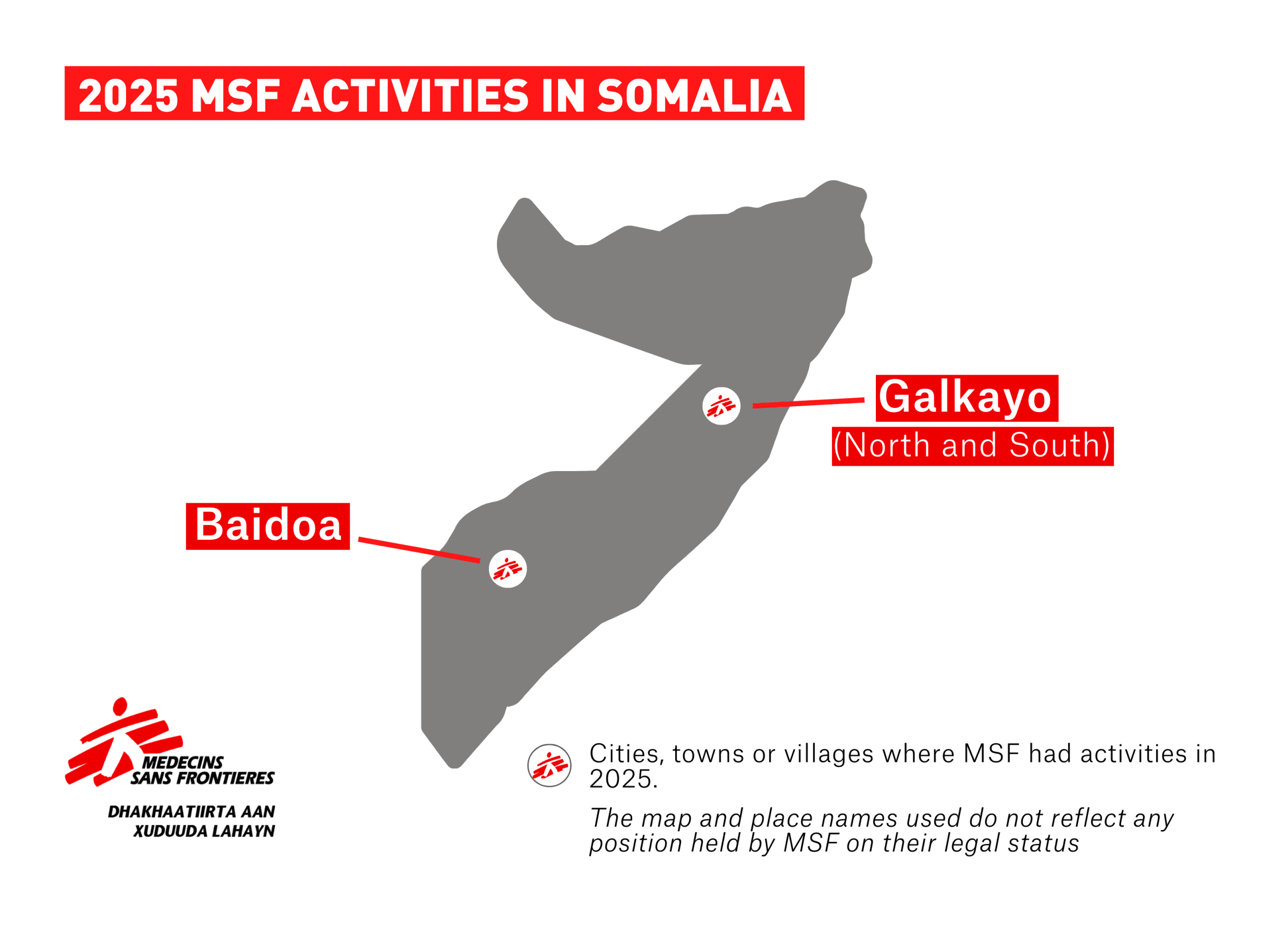 Carte des activités de MSF en Somalie en 2025.