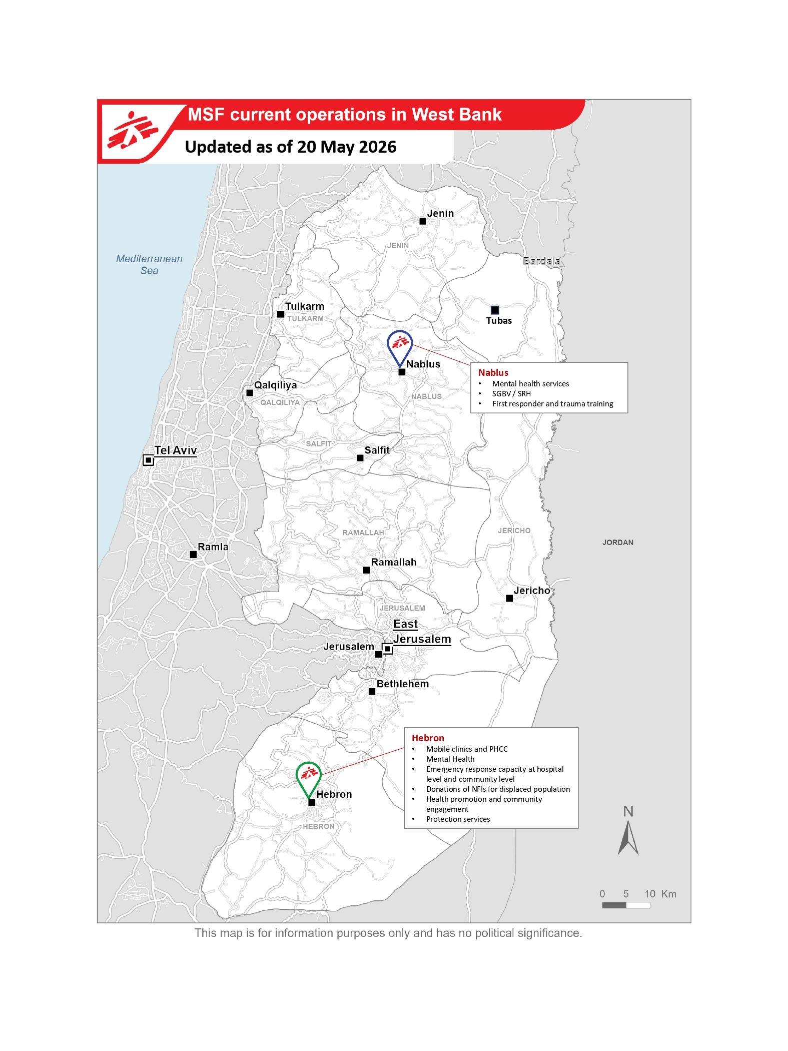 Carte des opérations de Médecins Sans Frontières en Cisjordanie © MSF - 20 mai 2026