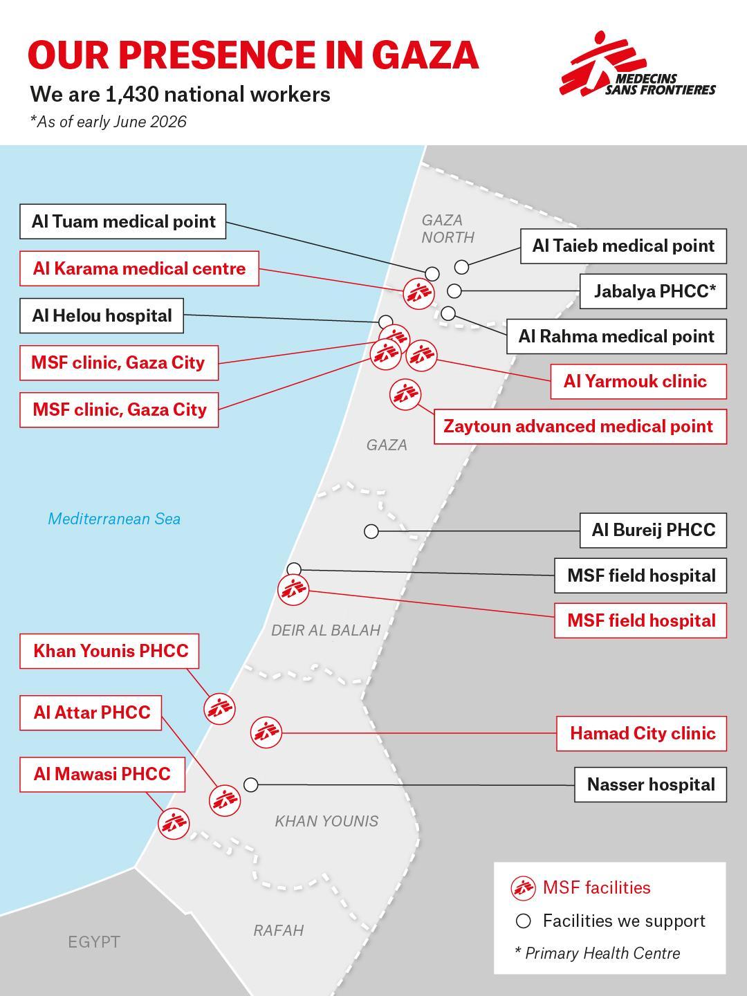 Carte des opérations de Médecins Sans Frontières à Gaza © MSF - début juin 2026