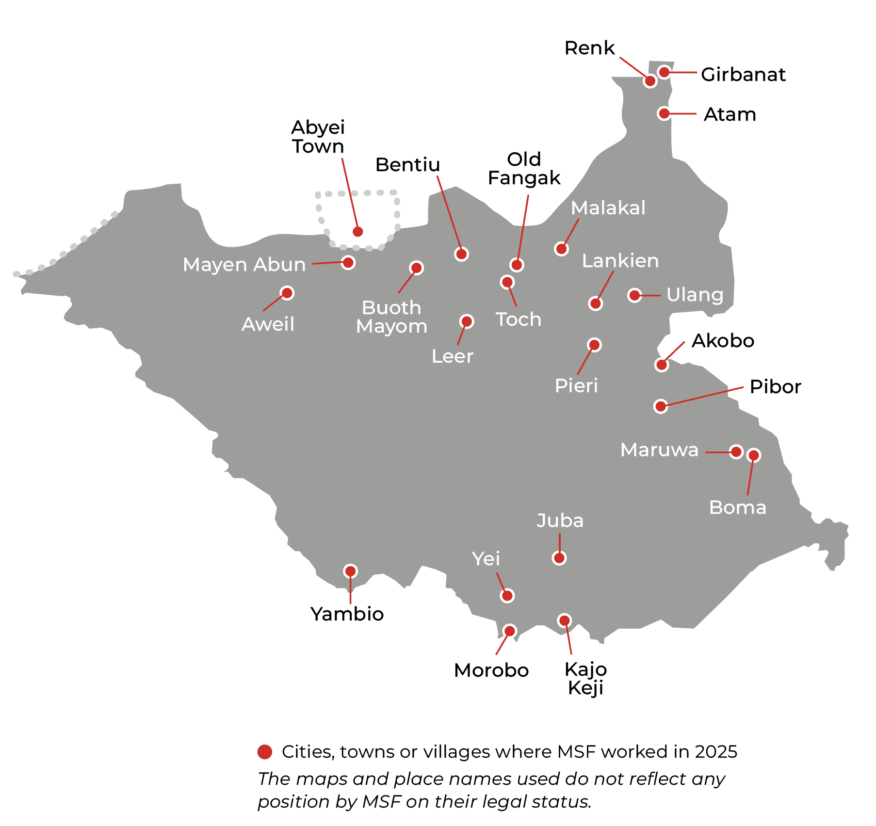 Carte des activités de MSF au Soudan du Sud en 2025 ©MSF