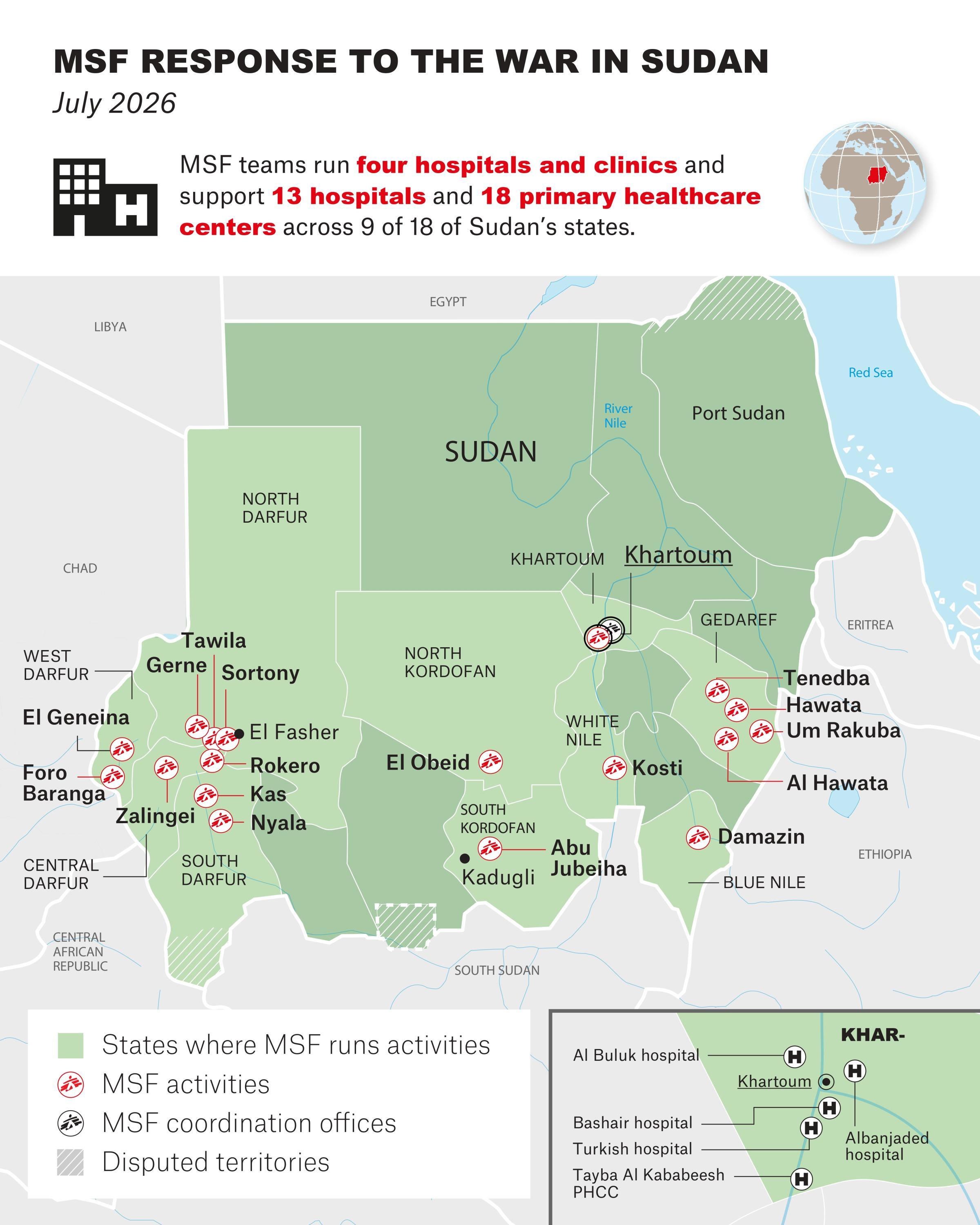 Cartes illustrant la réponse médicale et humanitaire de MSF face aux conséquences de la guerre au Soudan - Juillet 2026 ©MSF