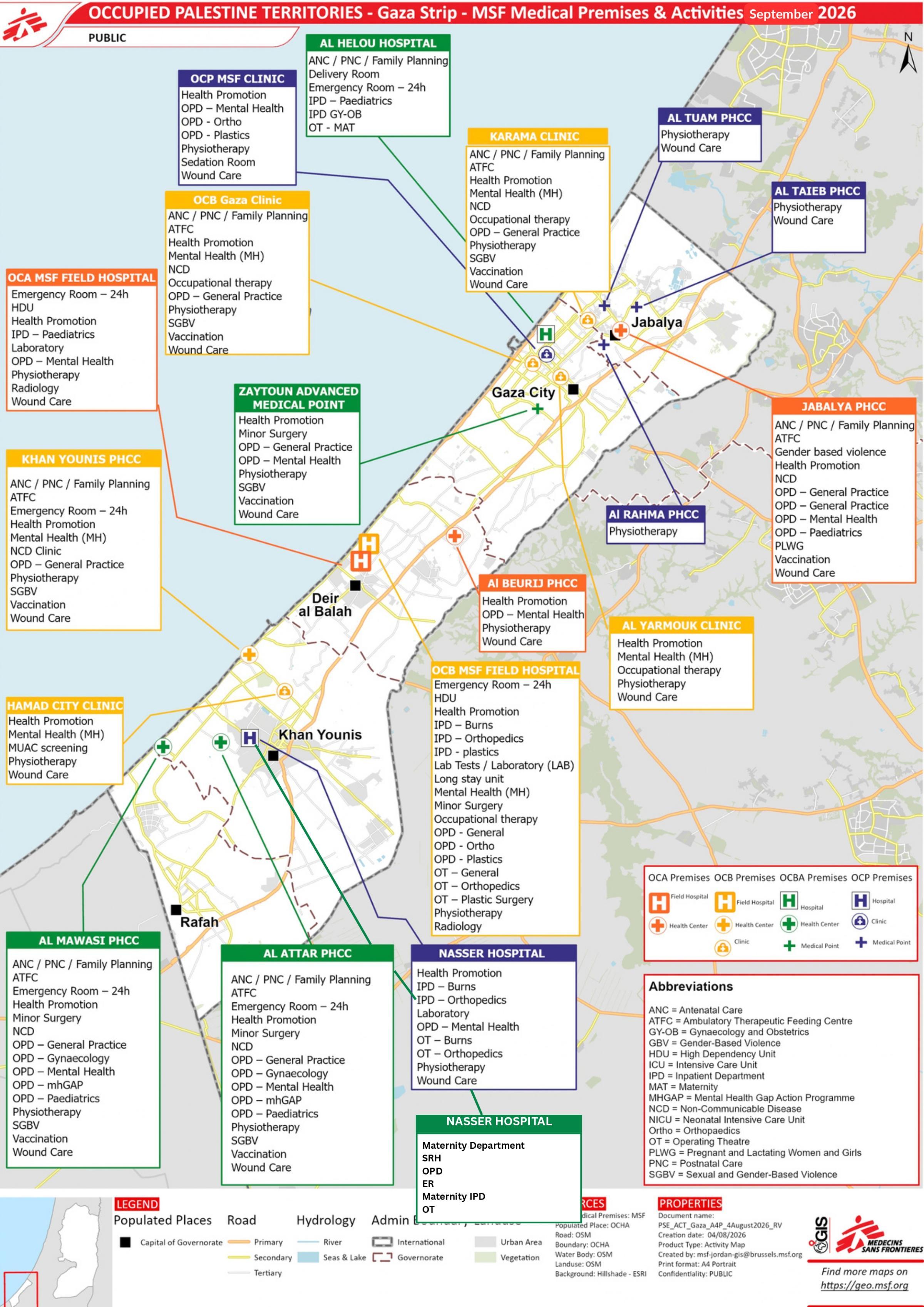 Carte des activités de MSF dans la Bande de Gaza en septembre 2026