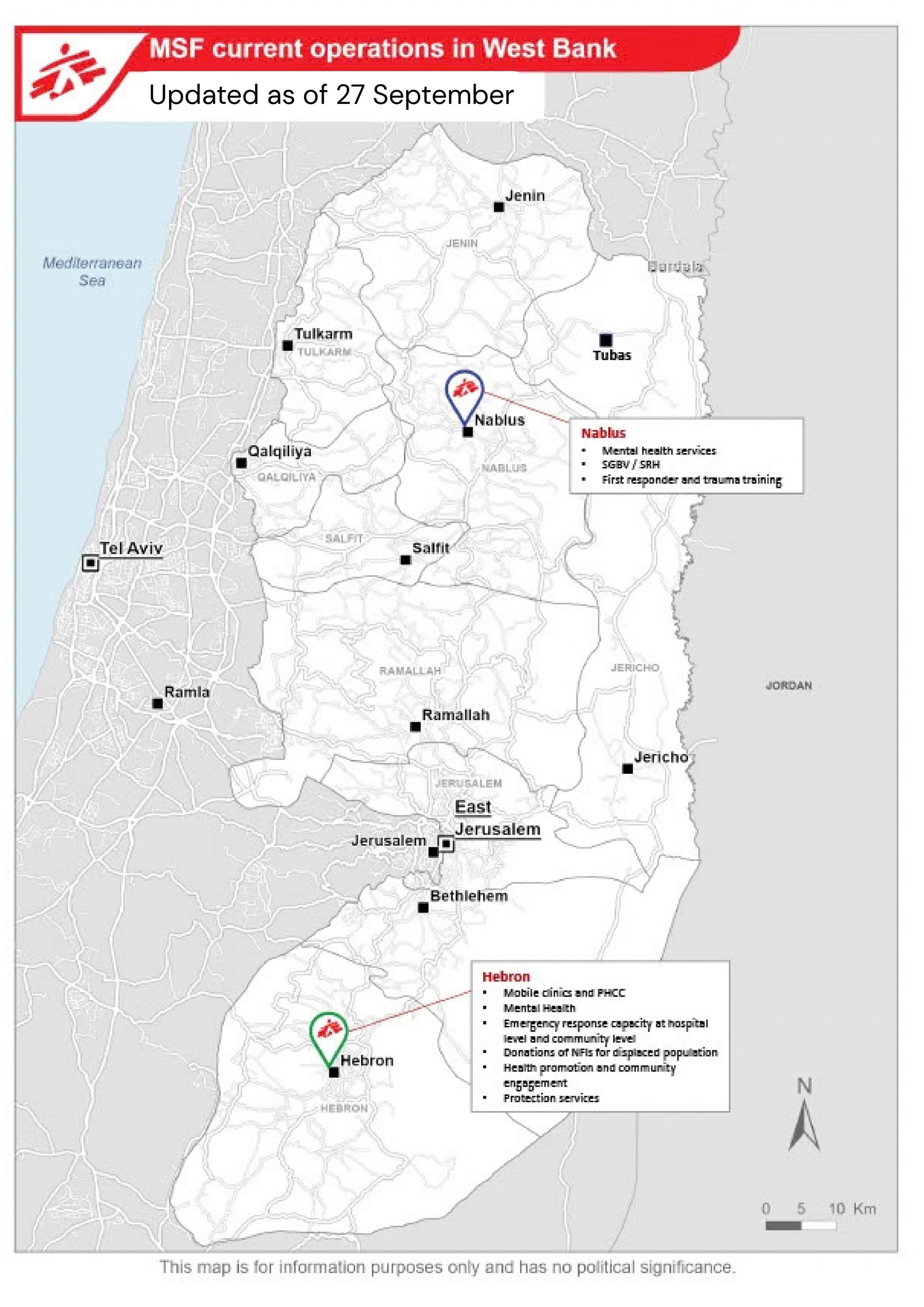 Carte des activités de MSF en Cisjordanie en date du 27 septembre 2026