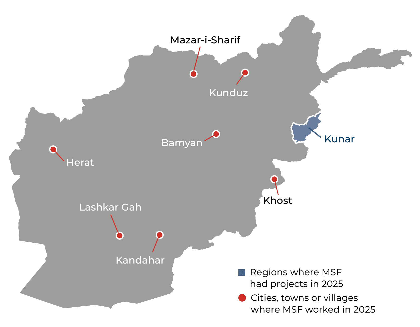 Carte des activités de MSF en Afghanistan en 2025 © MSF