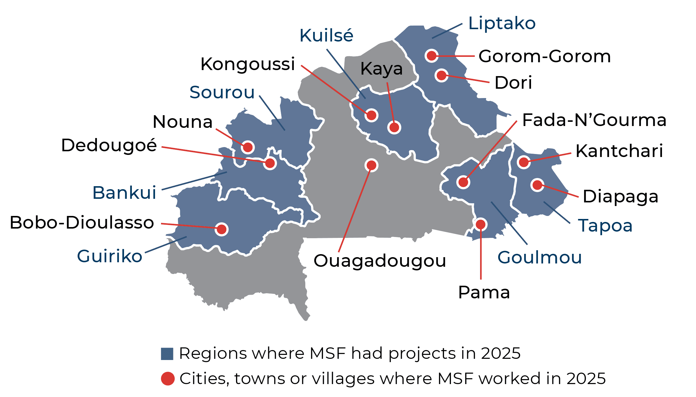 Carte des activités de MSF au Burkina Faso en 2025 © MSF
