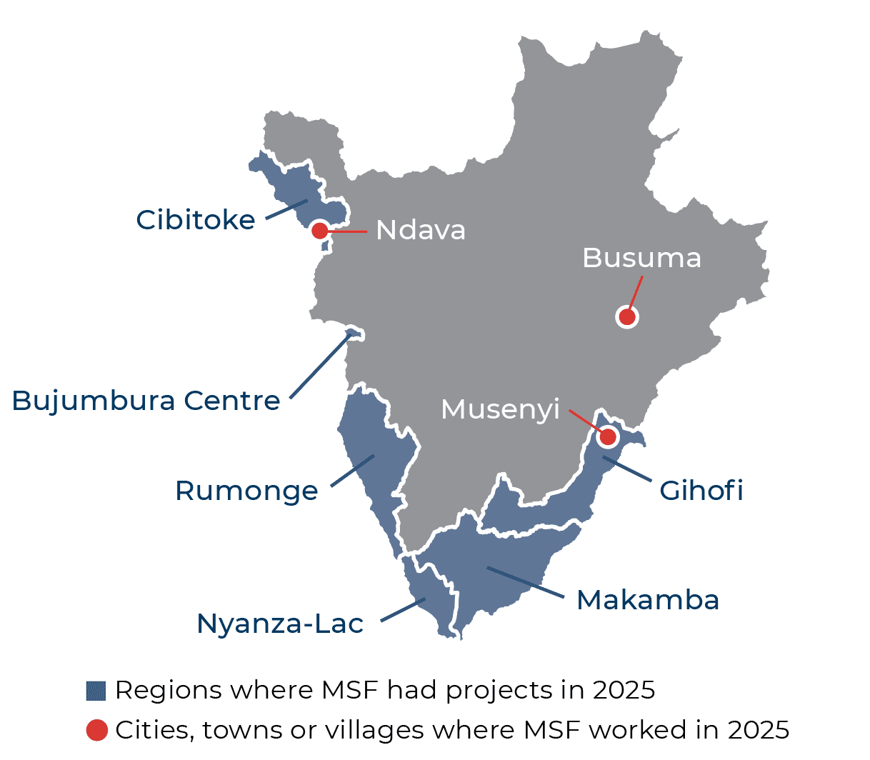 Carte des activités de MSF au Burundi en 2025 © MSF