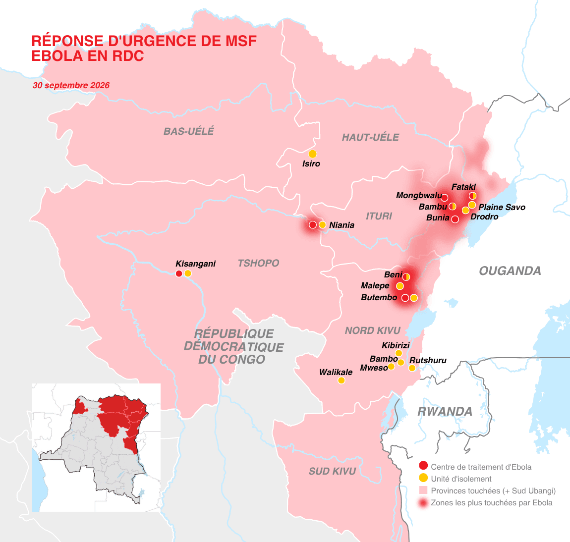 Carte de la réponse d'urgence de MSF en République démocratique du Congo face à l'épidémie de maladie Ebola