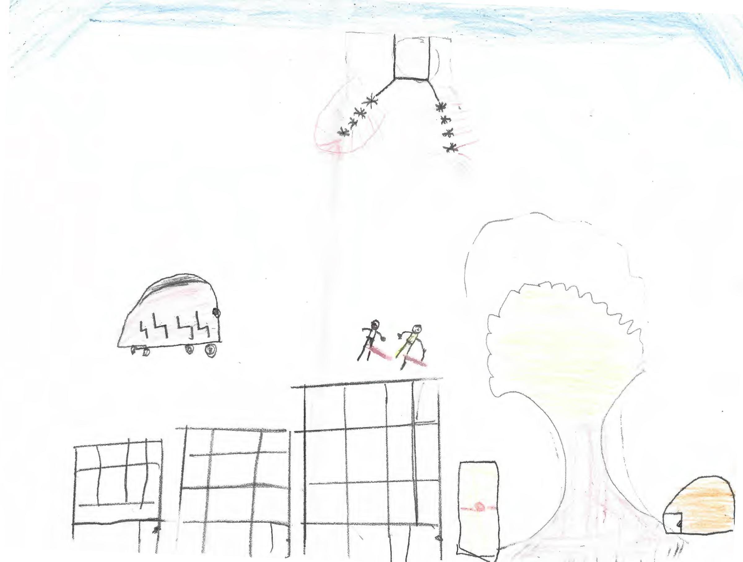 Dessin de Dina, 9 ans, représentant le jour où ses grands-parents ont été tués par des bombes et des bombardements, et l'ambulance qui les a emmenés de leurs maisons sous les tirs, à Shujaeyya, un quartier de Gaza, Palestine