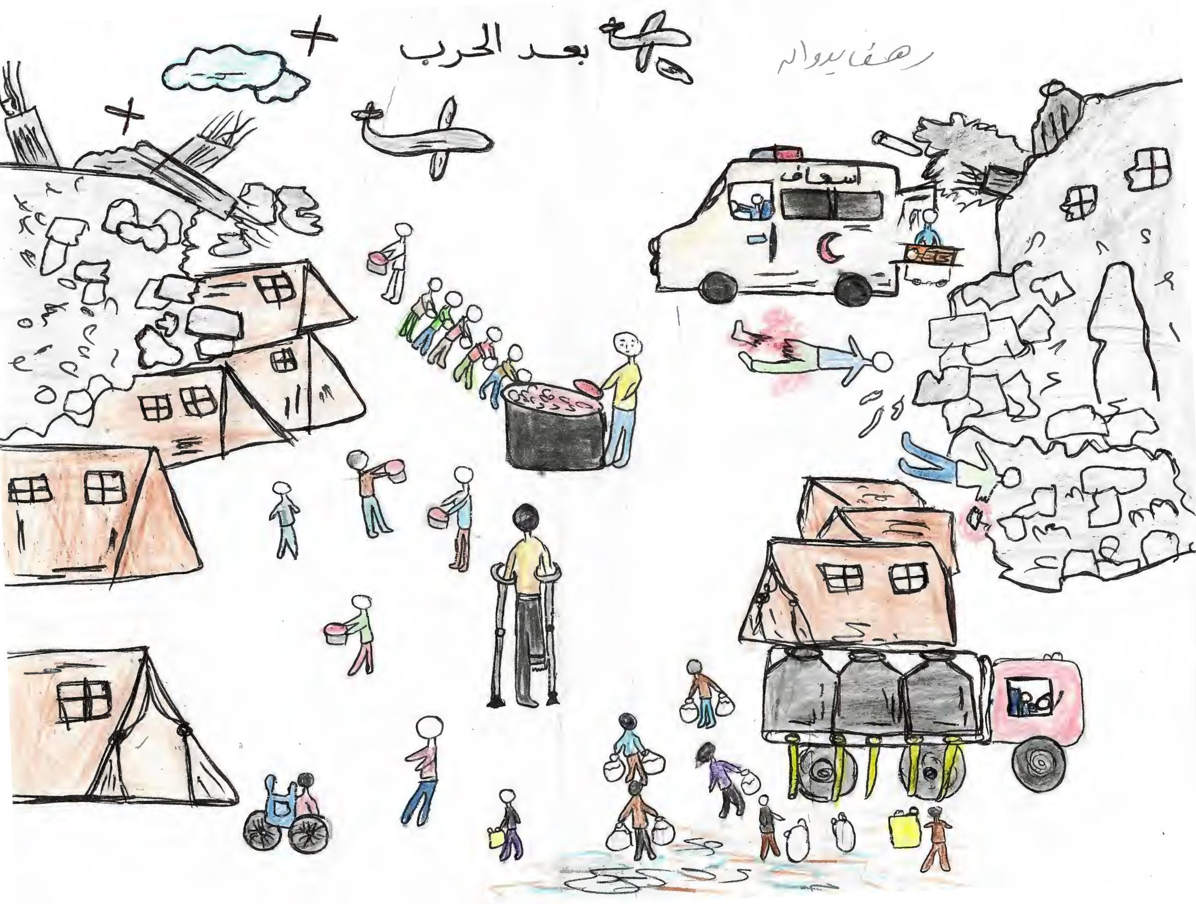 Rahaf, 11 ans, a réalisé deux dessins : un d’avant la guerre, l’autre d’après. Dans le dessin d’avant, elle a représenté son quartier : des rues propres, des enfants qui jouent et une école pleine de cours et d’apprentissage. Gaza, Palestine