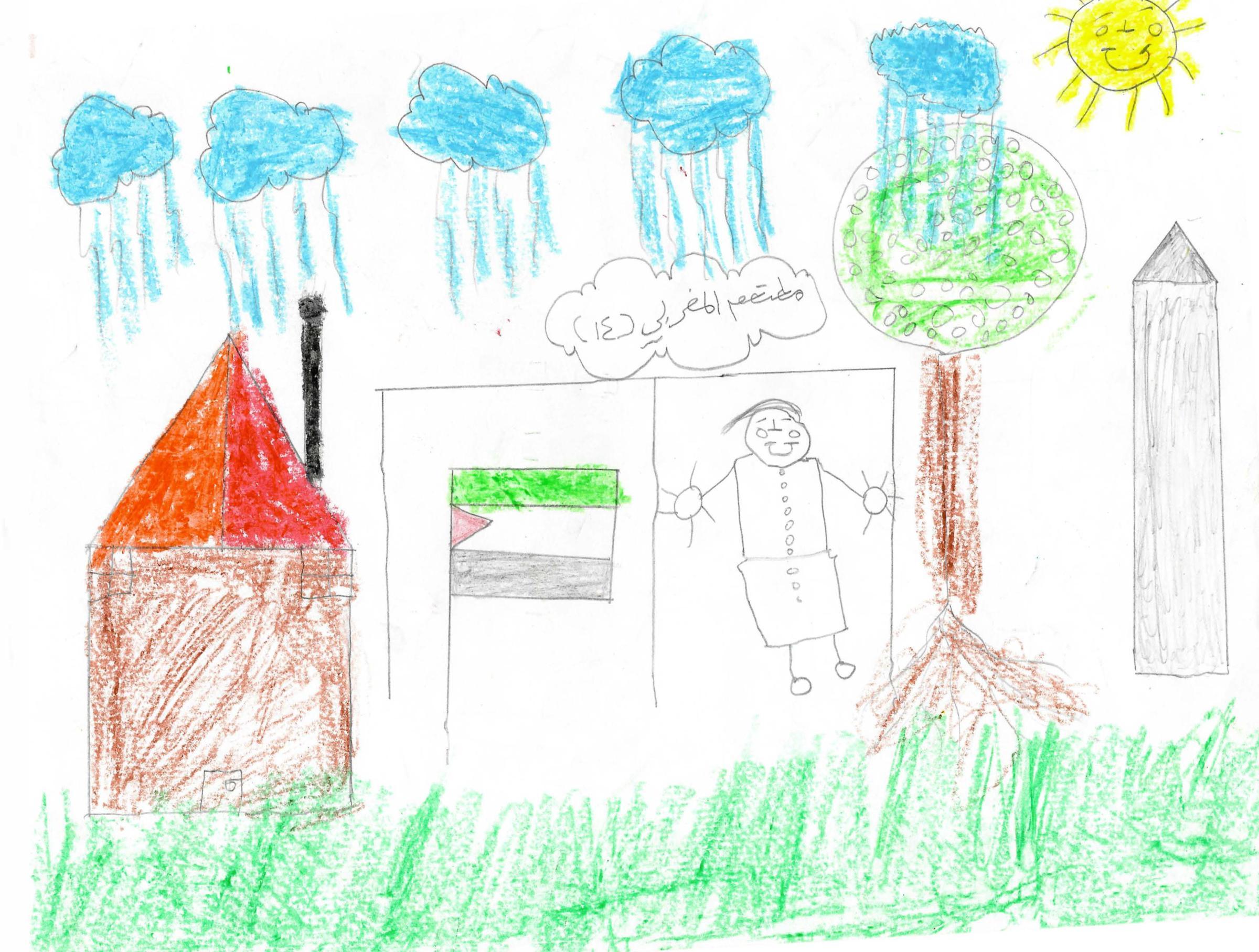 Dessin de Mottasem, 14 ans, représentant l'arrière de la maison qu'il a perdue, avec leur grand champ rempli d'oliviers et de fruits. Palestine.