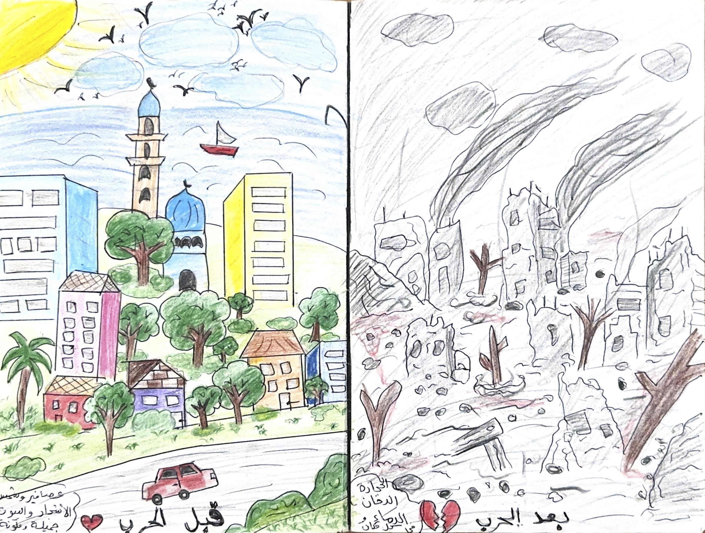 Dina, 11 ans, a dessiné son quartier avant et après le génocide. Elle se souvient de la mosquée, des bâtiments et des arbres. Palestine.